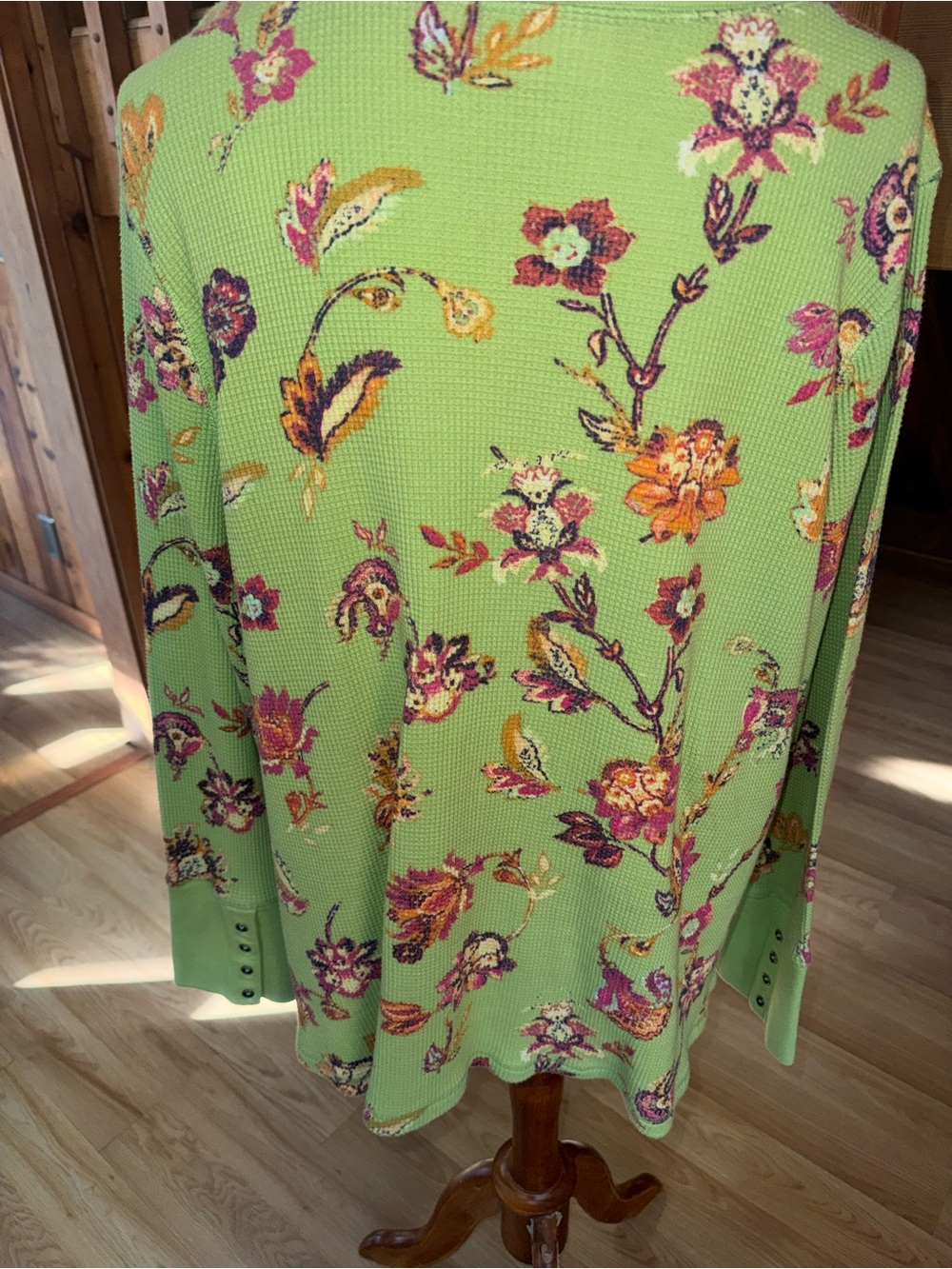 Belle Kim Gravel size 2X Green Floral Long Sleeve Waffle Knit Top shirt - Picture 4 of 12